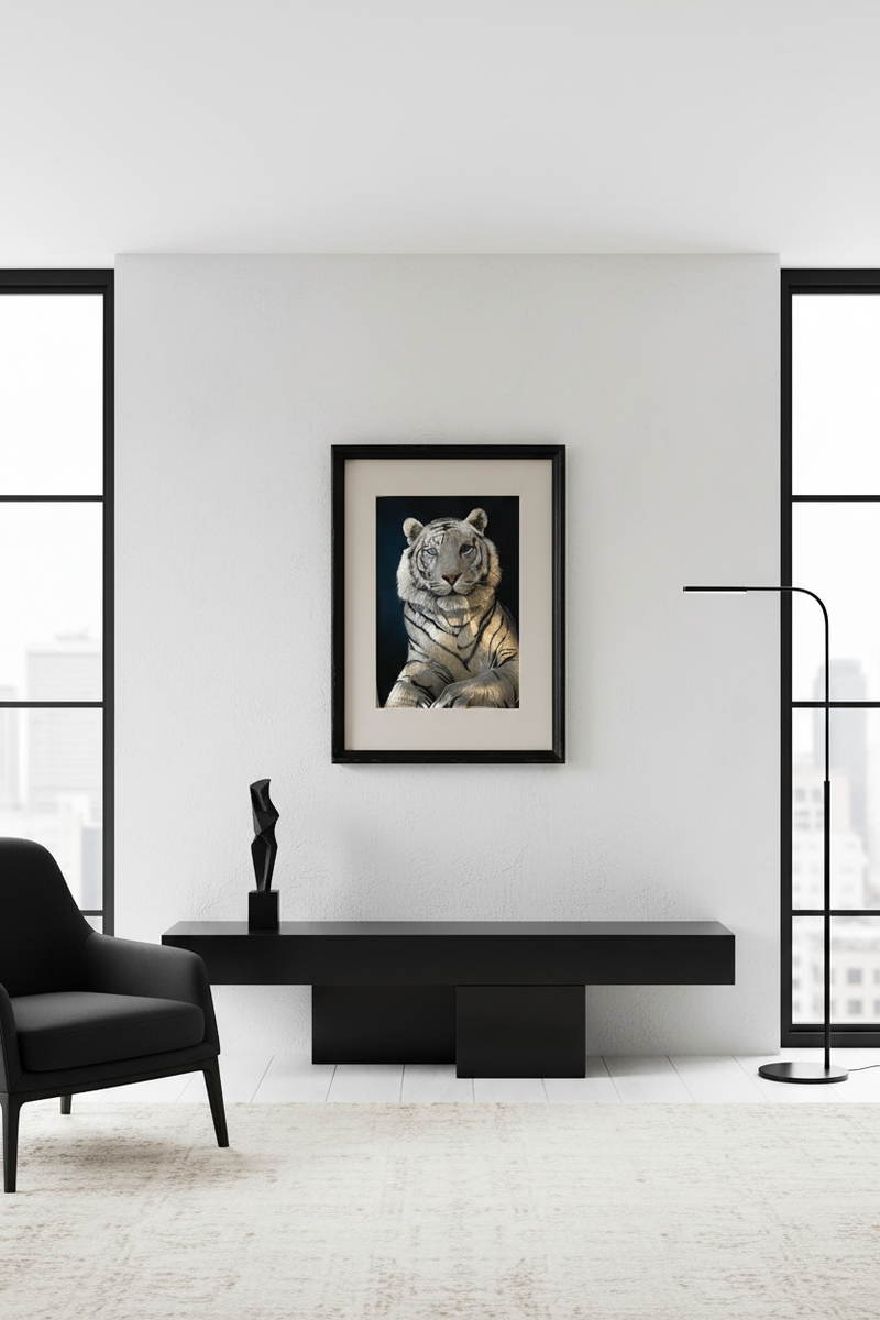 Framed White Tiger Foil Art in Black Frame