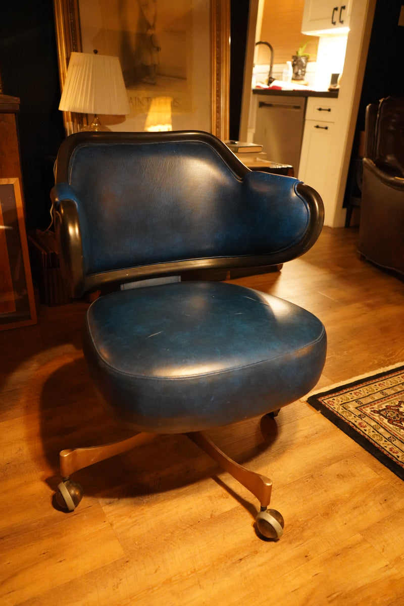 Gasser Casino Gaming Captain's Chair, Blue Vinyl with Swivel Roller Base, c. 1970s–80s