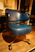 Gasser Casino Gaming Captain's Chair, Blue Vinyl with Swivel Roller Base, c. 1970s–80s