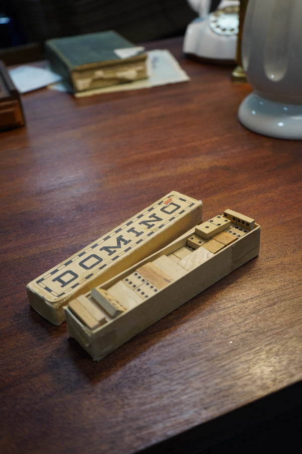 German Wooden Domino Set from a Volksschule (School), Original Graphic Box, c. 1930s–50s