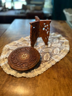 Hand-Carved Folding Miniature Wood Pedestal Table with Floral Inlay, Kashmiri Export Craft c.1970s