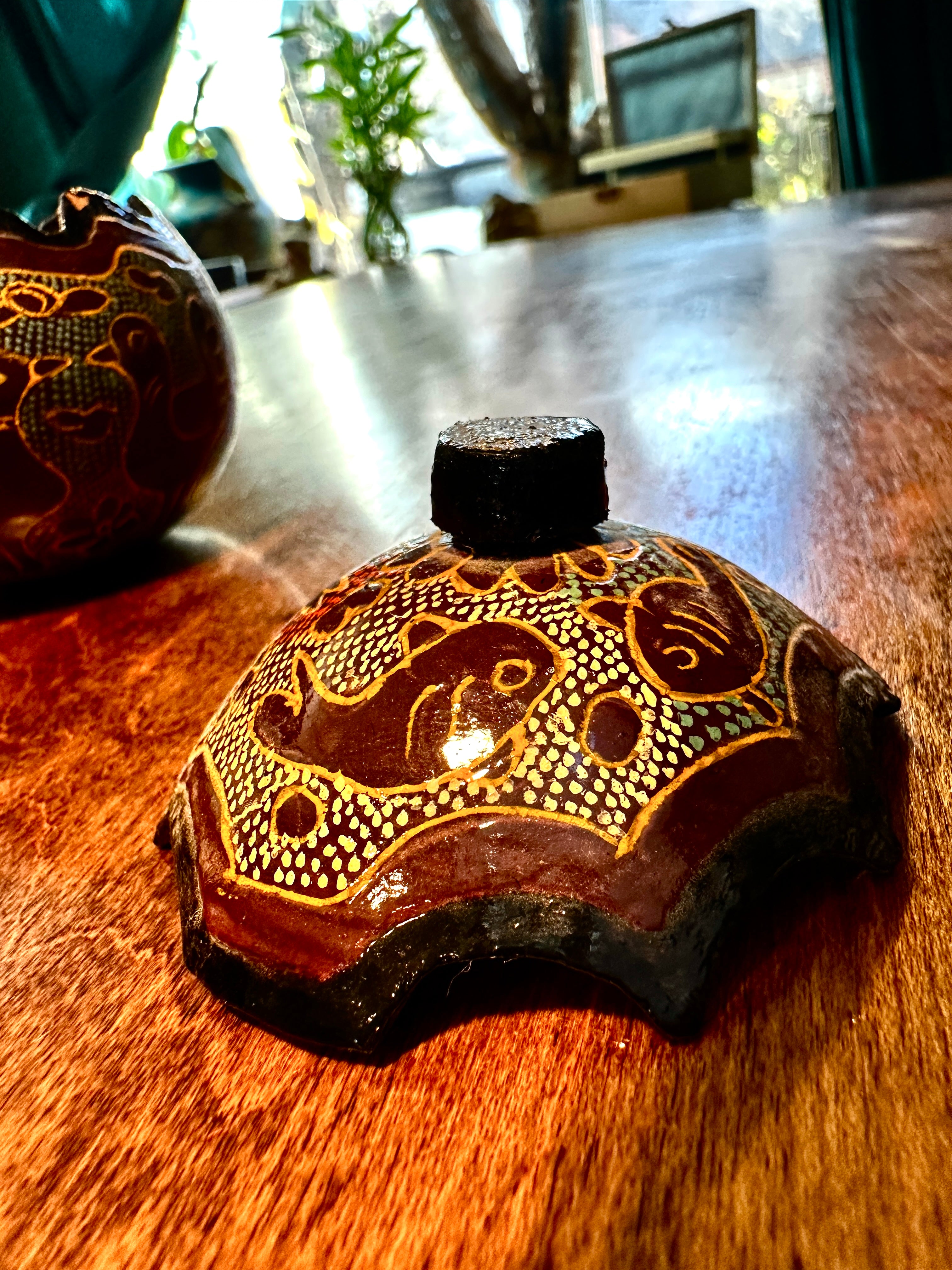 Hand-Painted Andean Gourd Vessel with Lid, Peruvian Folk Art, c. Late 20th Century
