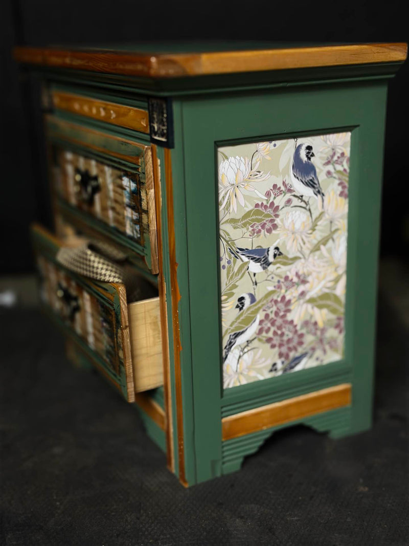 Hand-Painted Sage Green Nightstand with Bird Botanical Panels | Vintage Bedside Table
