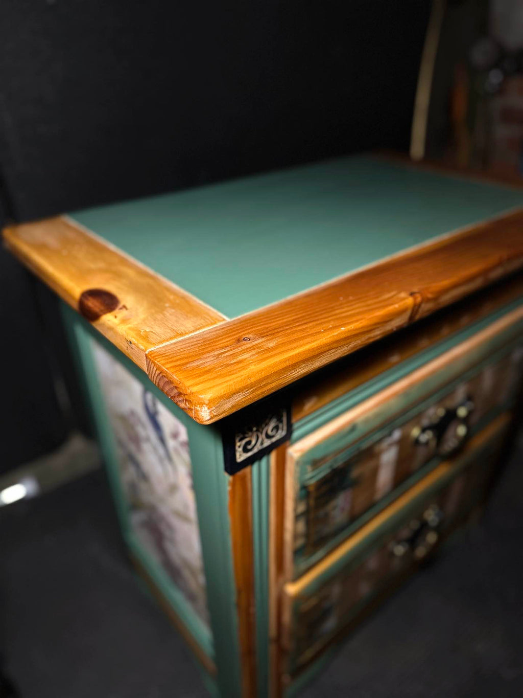 Hand-Painted Sage Green Nightstand with Bird Botanical Panels | Vintage Bedside Table