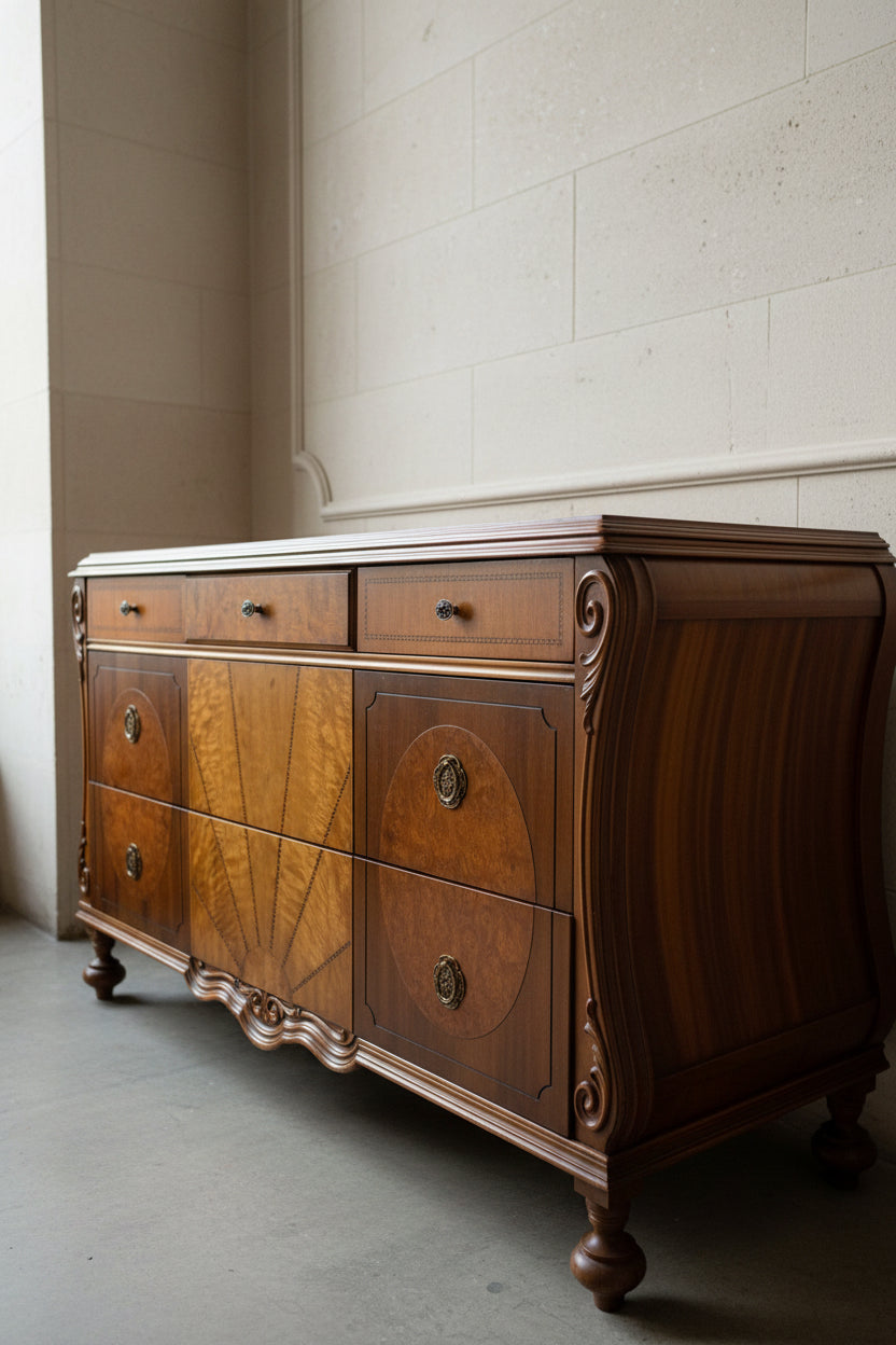 Johnson Furniture Co. Art Deco Waterfall Dresser Vanity with Triple Mirror (c. 1930s)