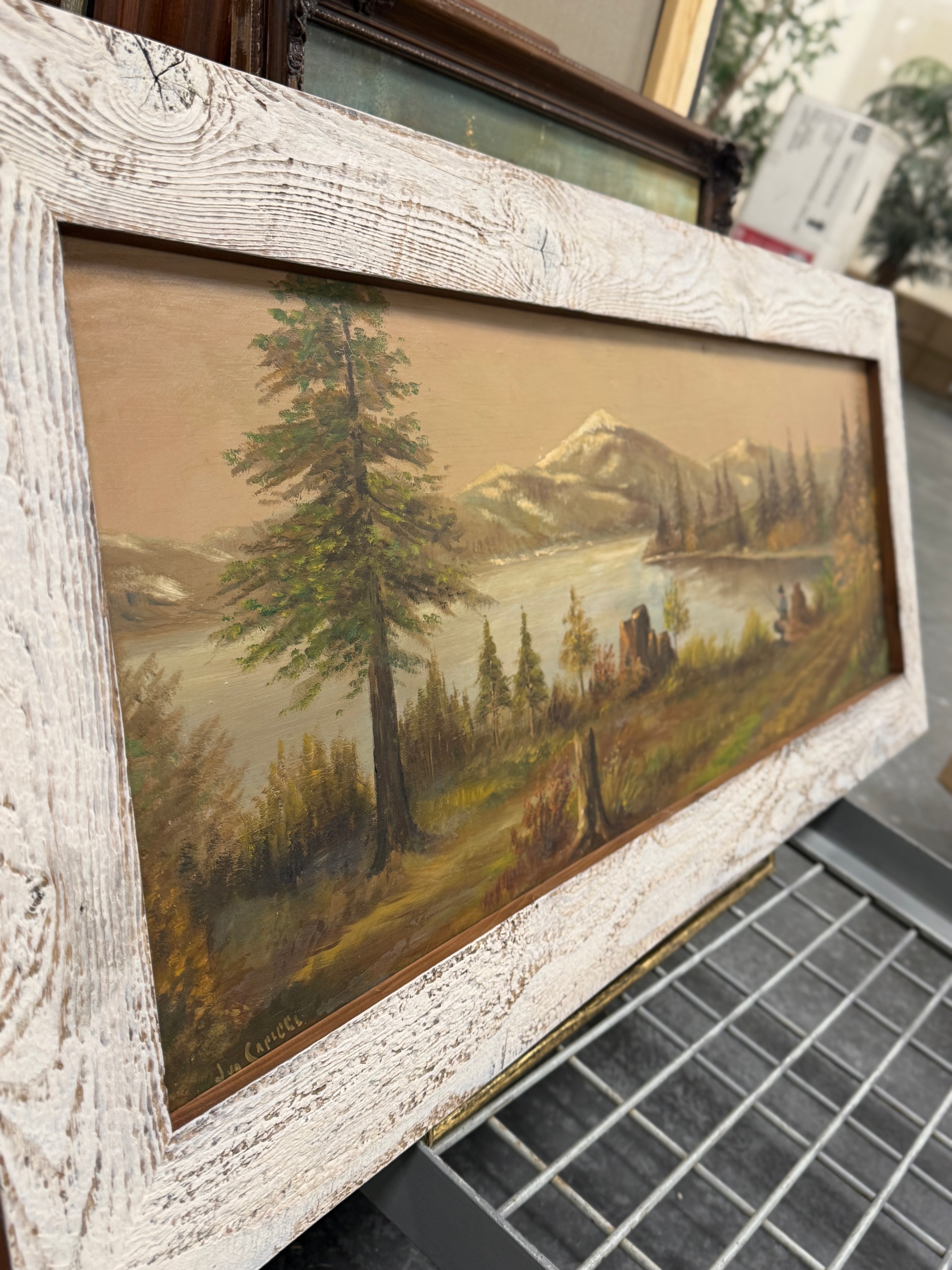 Joseph Capecchi Oil on Wood Impressionist Painting Mountain Fisherman c 1940-1050s