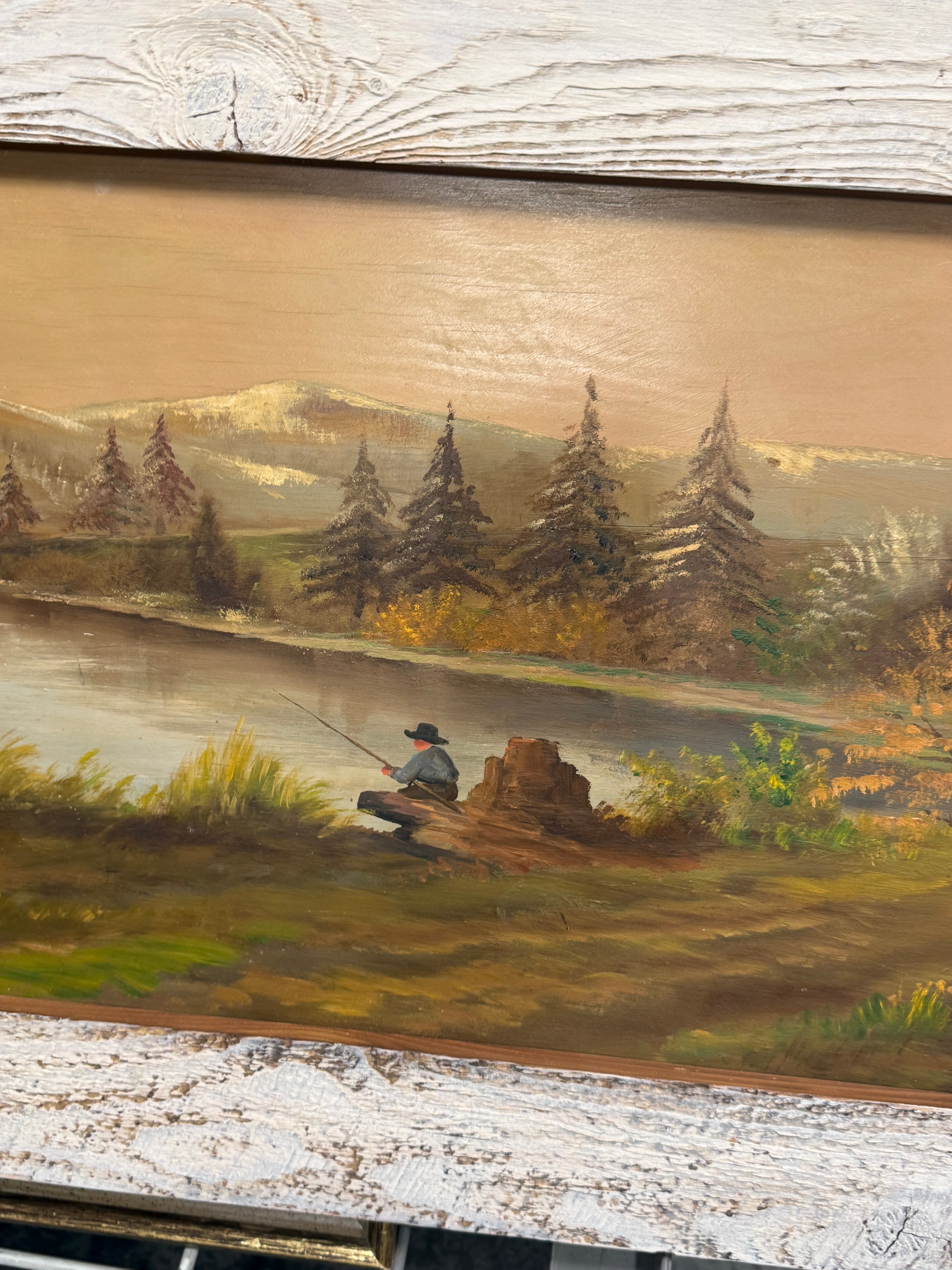 Joseph Capecchi Oil on Wood Impressionist Painting Mountain Fisherman c 1940-1050s