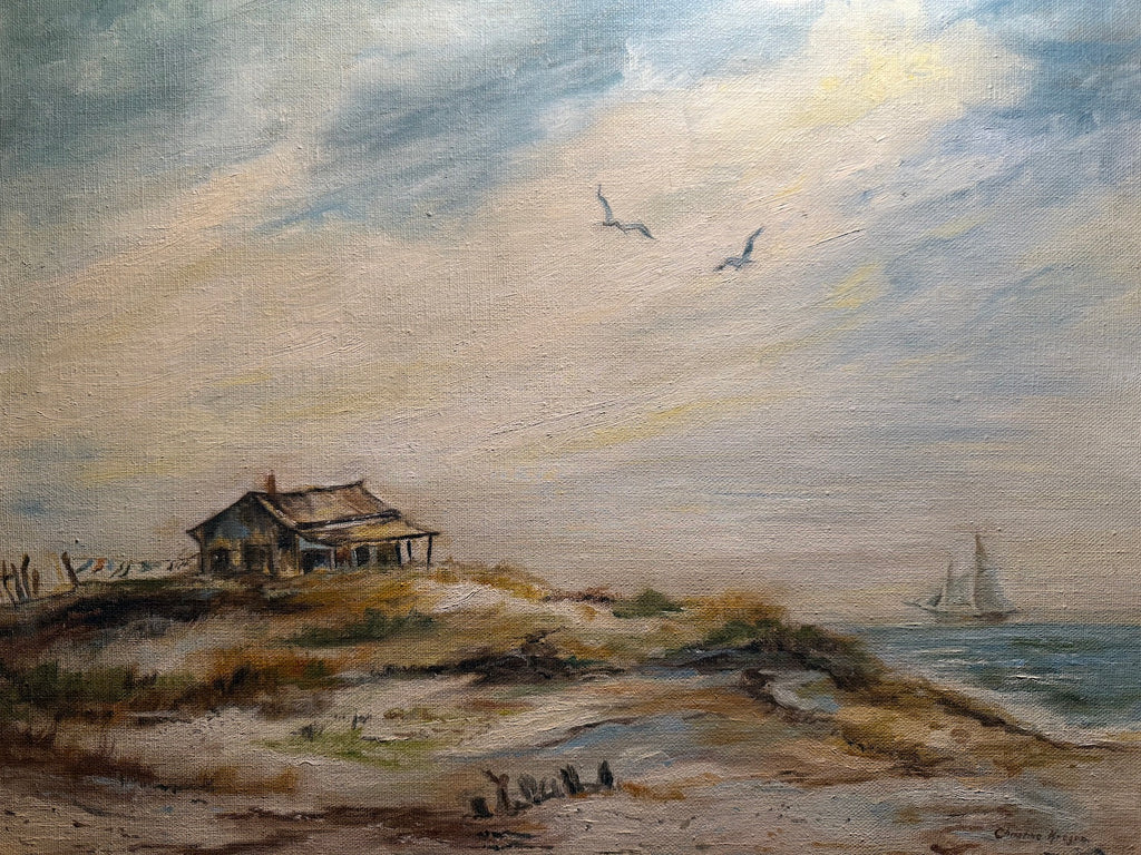 Coastal Scene with Cottage and Sailing Ship, Oil on Canvas, Christine Kruger, c. 1950s–1970s