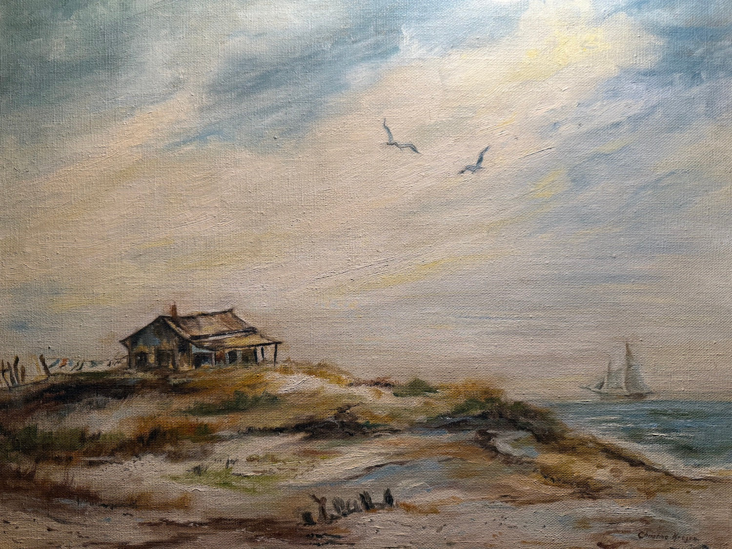 Coastal Scene with Cottage and Sailing Ship, Oil on Canvas, Christine Kruger, c. 1950s–1970s