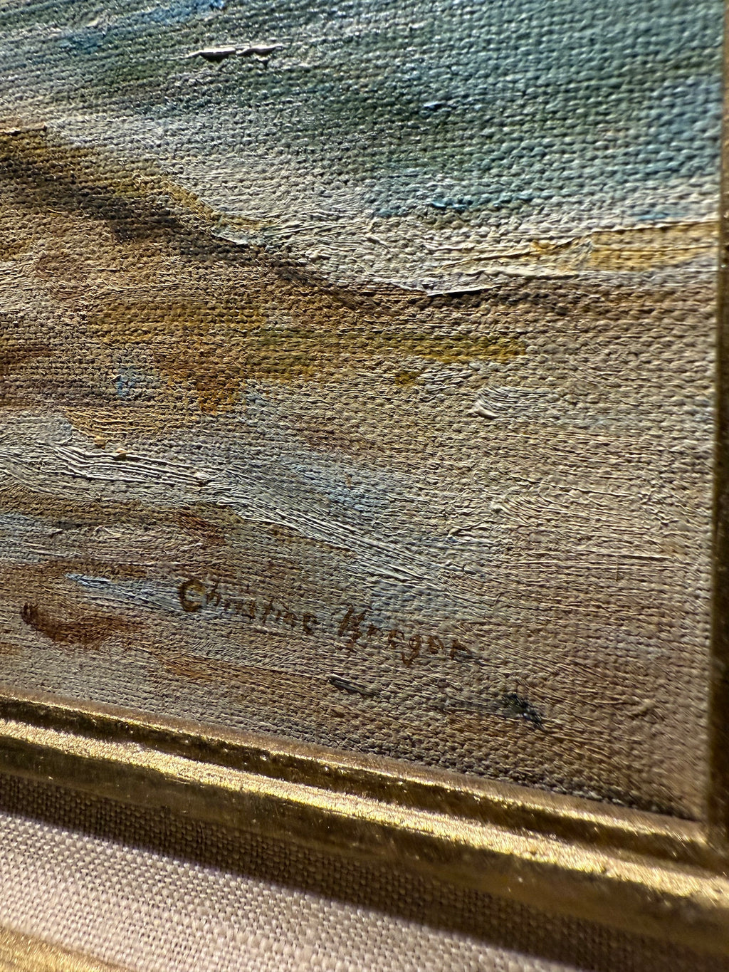 Coastal Scene with Cottage and Sailing Ship, Oil on Canvas, Christine Kruger, c. 1950s–1970s