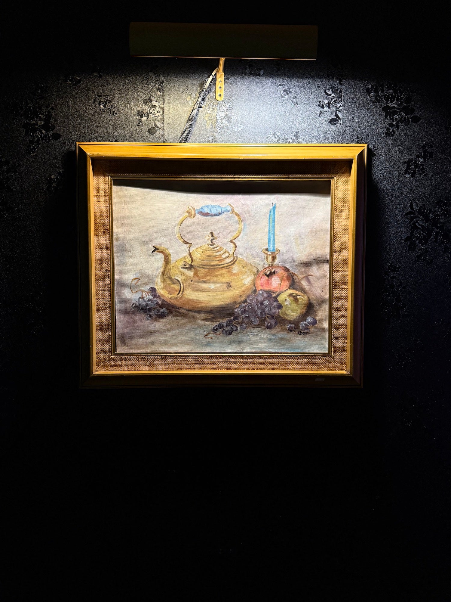 Still Live With Brass Teapot, Oil On Canvas signed Geri (1950s-1970s)