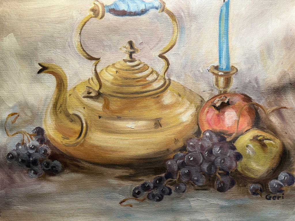 Still Live With Brass Teapot, Oil On Canvas signed Geri (1950s-1970s)