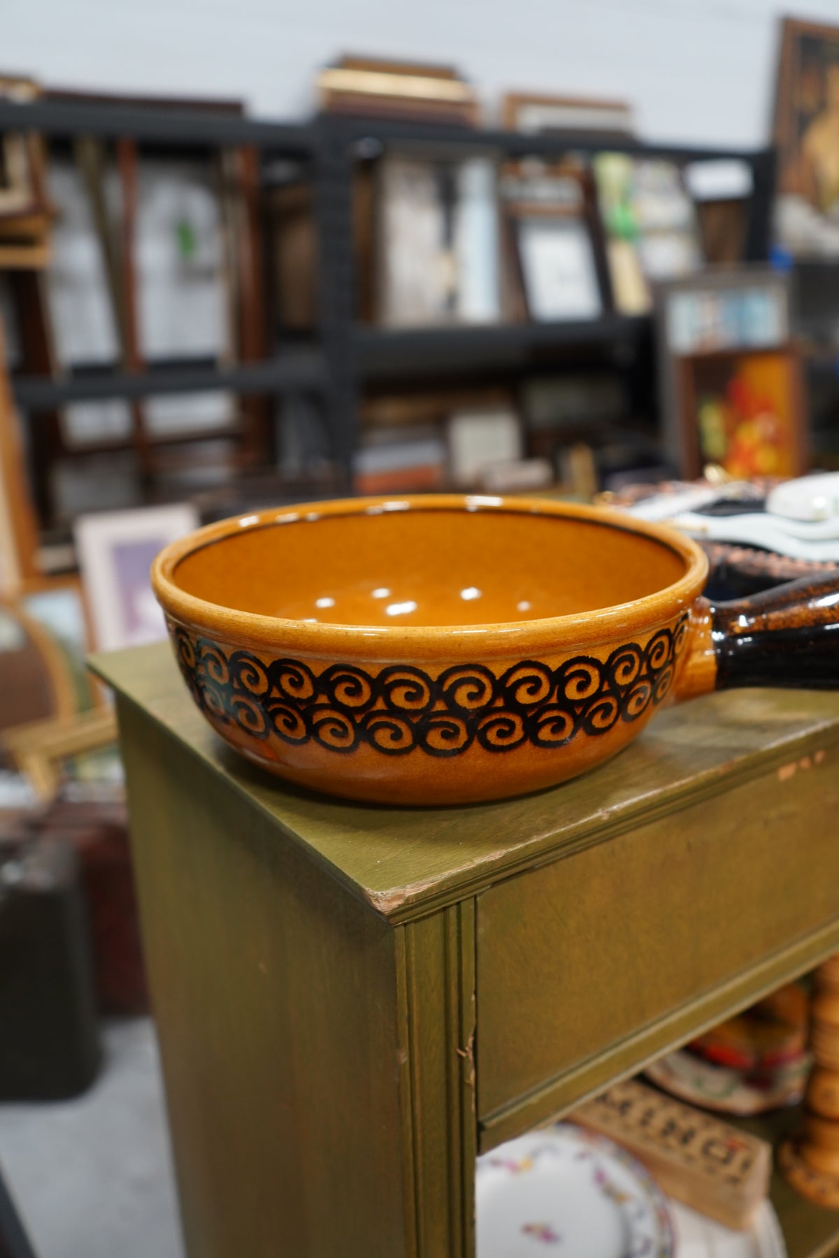 Landert Keramik Swiss Handled Soup Bowl — Golden-Brown Glaze with Dark Swirl Band, c. 1960s–70s