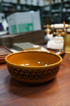 Landert Keramik Swiss Handled Soup Bowl — Golden-Brown Glaze with Dark Swirl Band, c. 1960s–70s