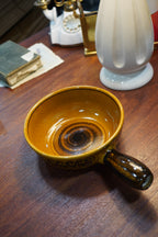 Landert Keramik Swiss Handled Soup Bowl — Golden-Brown Glaze with Dark Swirl Band, c. 1960s–70s