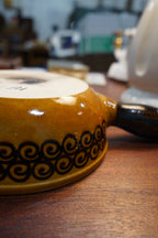 Landert Keramik Swiss Handled Soup Bowl — Golden-Brown Glaze with Dark Swirl Band, c. 1960s–70s
