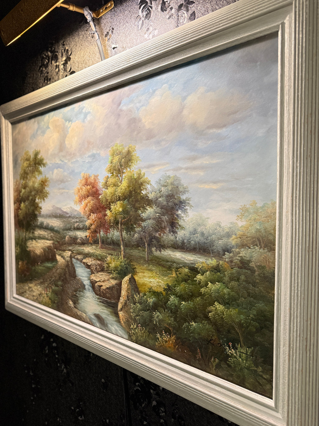 “Landscape with Stream and Autumn Trees” — Signed “K—”, Continental/American School, c.1940s–1960s, Oil on Canvas