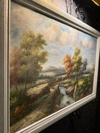 “Landscape with Stream and Autumn Trees” — Signed “K—”, Continental/American School, c.1940s–1960s, Oil on Canvas