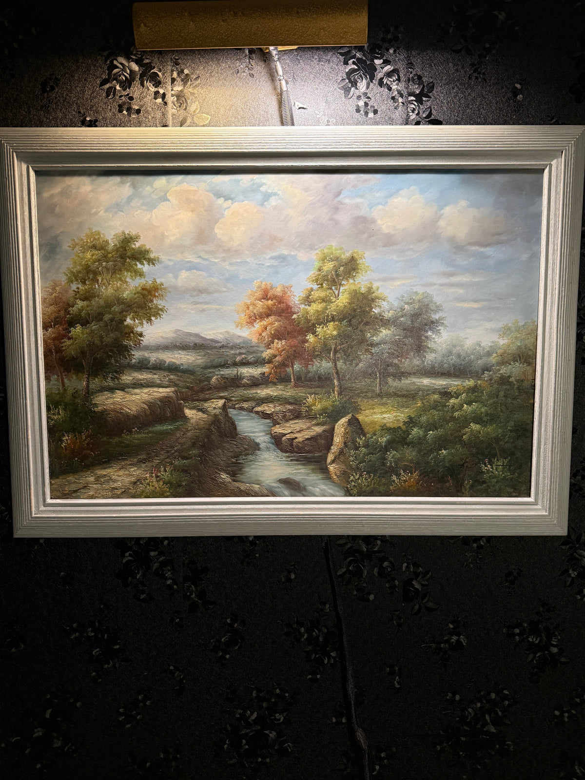 “Landscape with Stream and Autumn Trees” — Signed “K—”, Continental/American School, c.1940s–1960s, Oil on Canvas