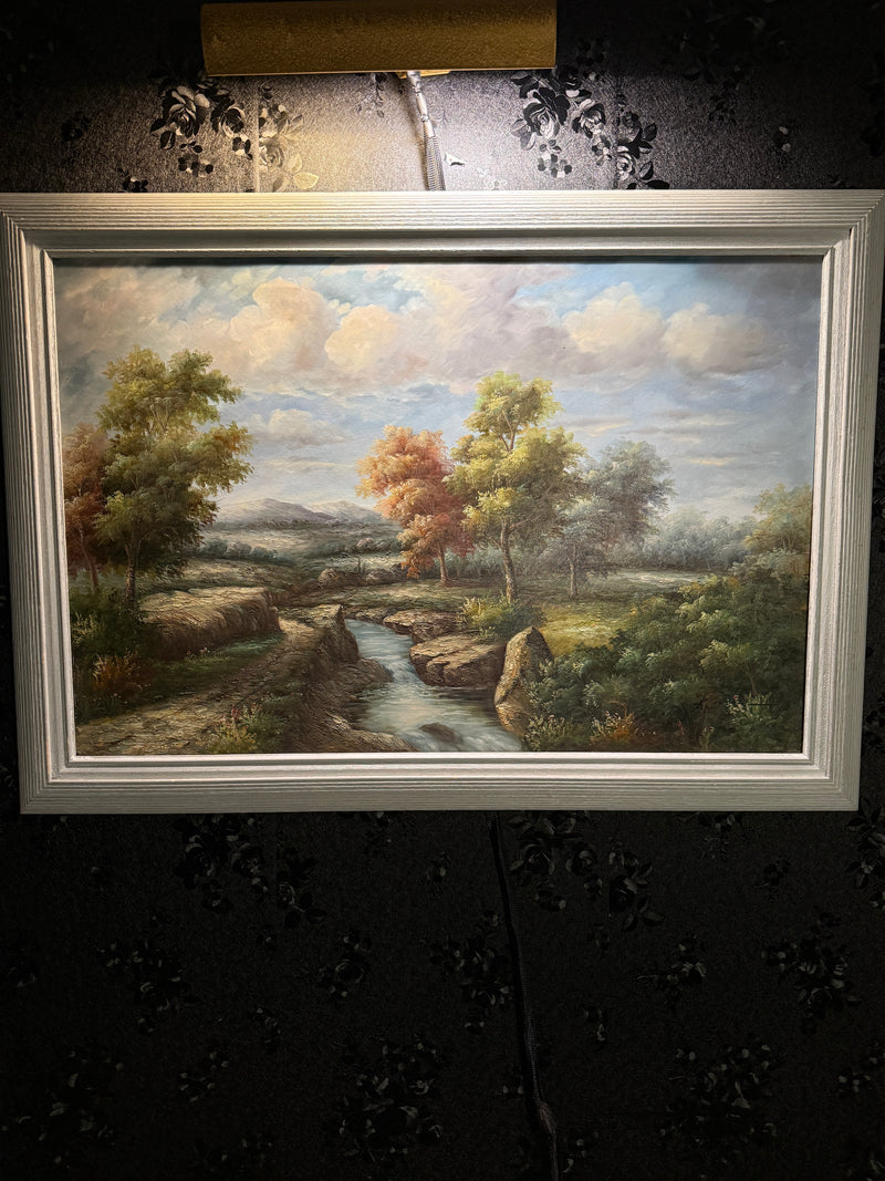 “Landscape with Stream and Autumn Trees” — Signed “K—”, Continental/American School, c.1940s–1960s, Oil on Canvas