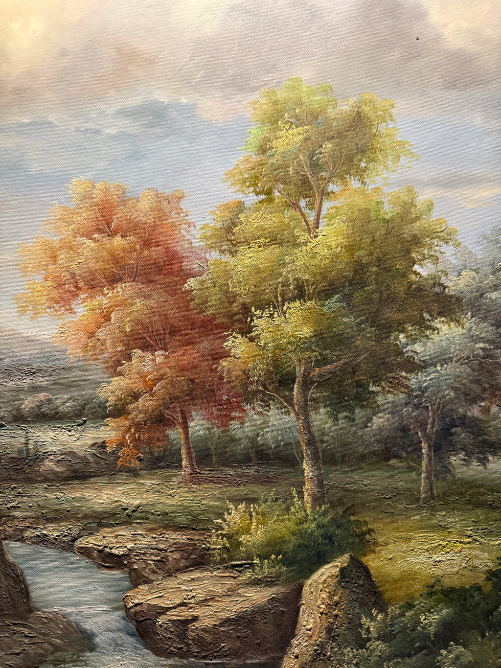 “Landscape with Stream and Autumn Trees” — Signed “K—”, Continental/American School, c.1940s–1960s, Oil on Canvas