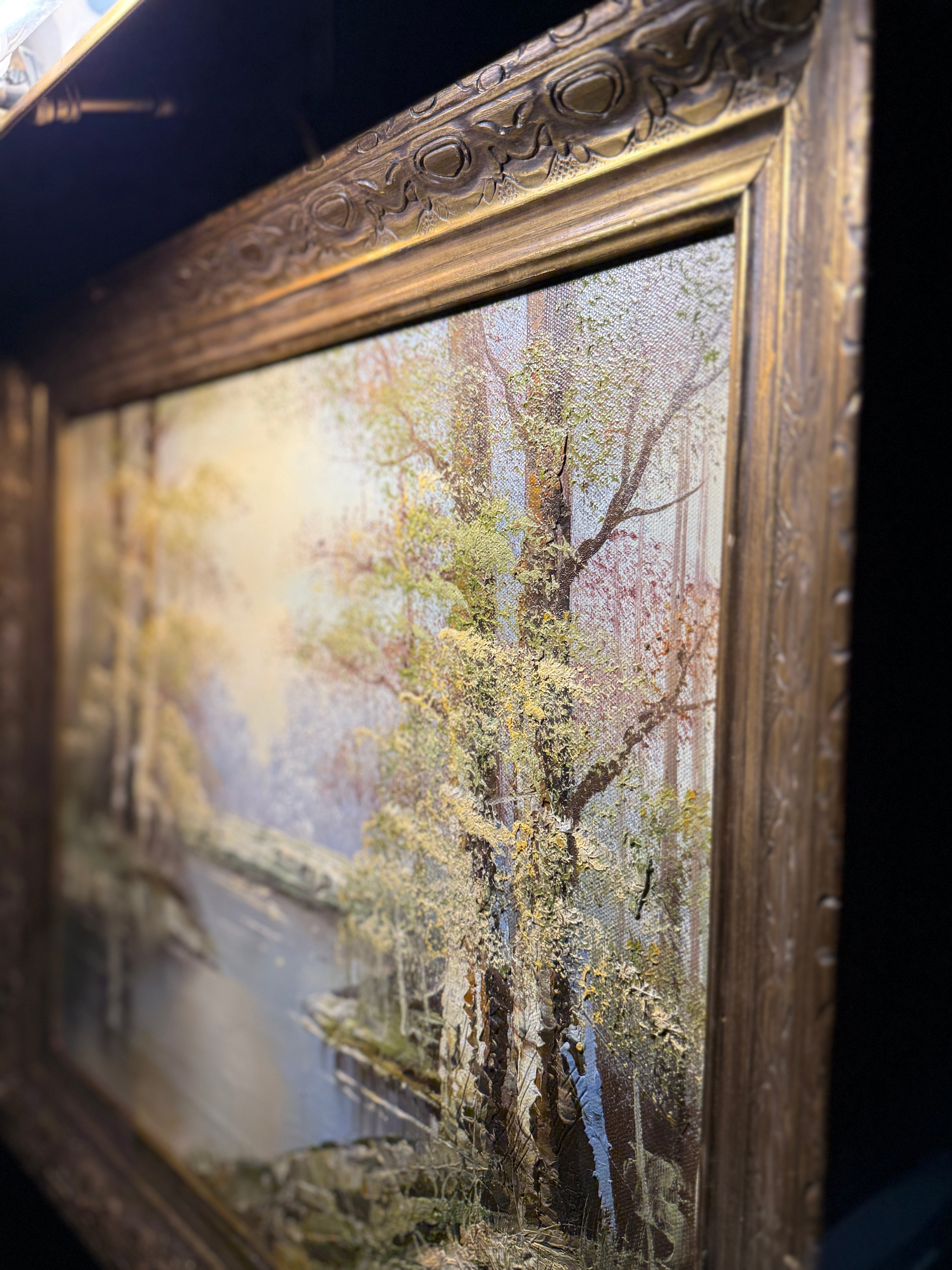 Luminous River Landscape with Birch Trees | Original Oil on Canvas (Framed) Signed Peppard