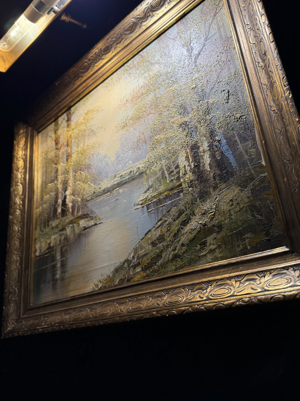 Luminous River Landscape with Birch Trees | Original Oil on Canvas (Framed) Signed Peppard