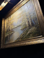Luminous River Landscape with Birch Trees | Original Oil on Canvas (Framed) Signed Peppard