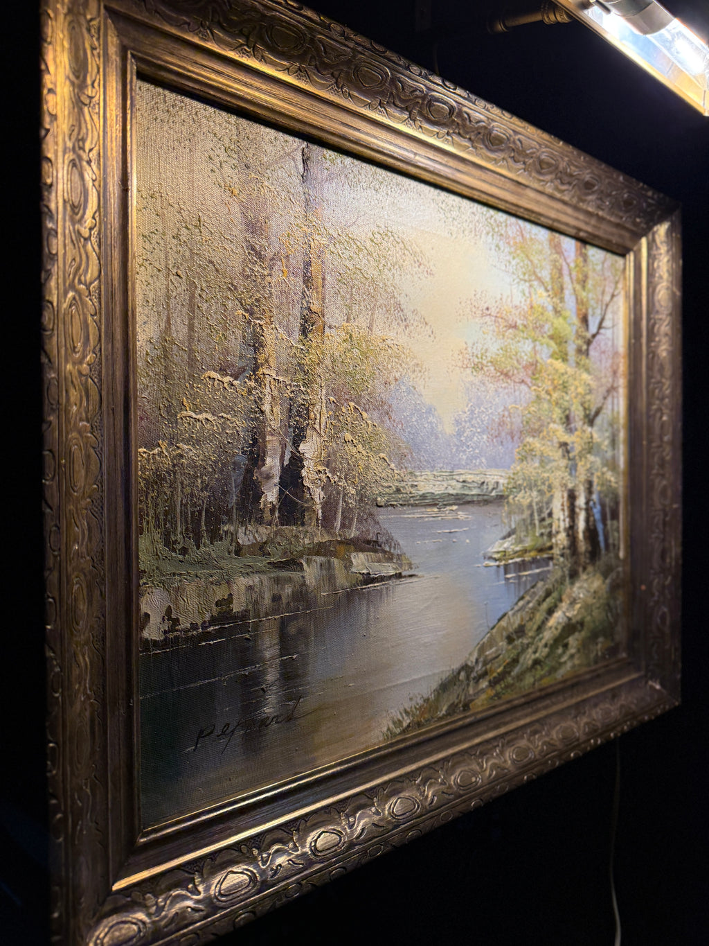Luminous River Landscape with Birch Trees | Original Oil on Canvas (Framed) Signed Peppard