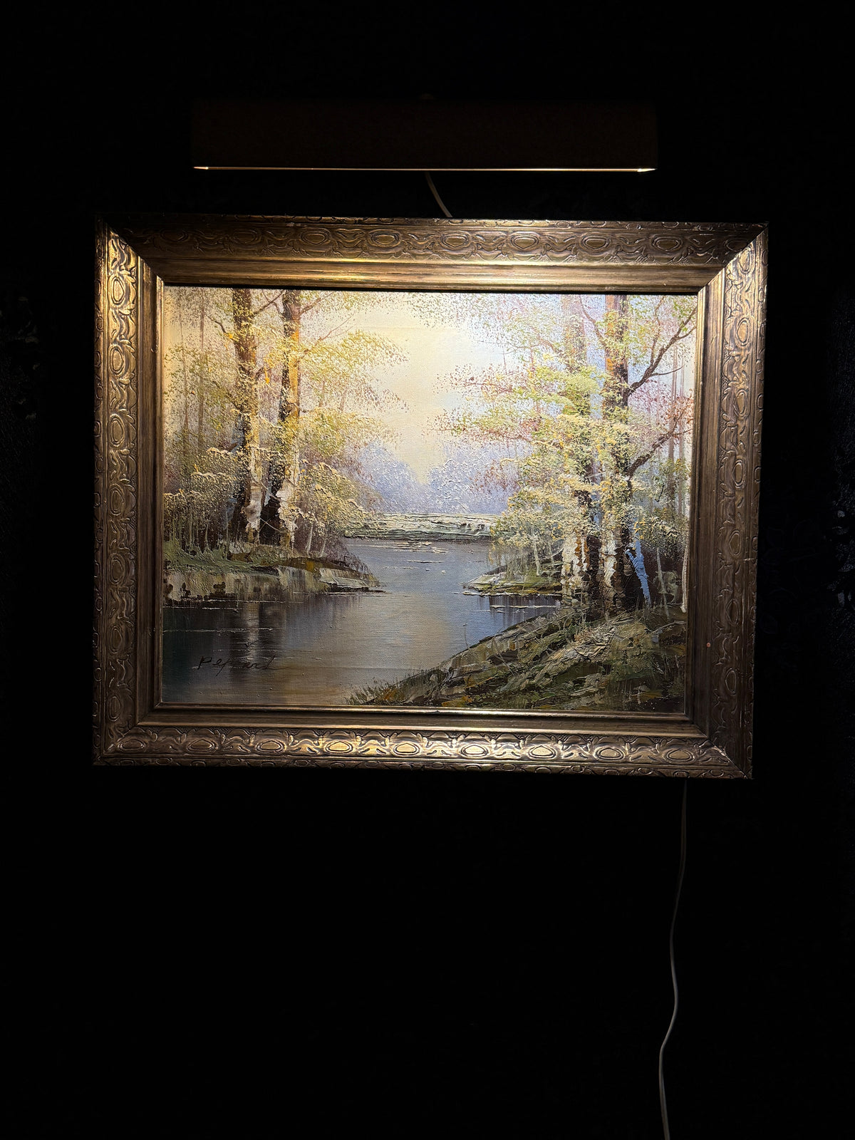 Luminous River Landscape with Birch Trees | Original Oil on Canvas (Framed) Signed Peppard