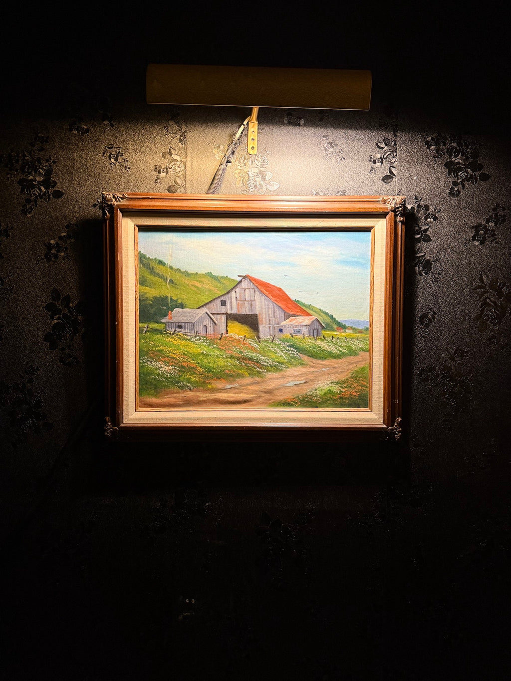 Barn with Red Roof and Wildflowers, Oil on Canvas Signed Mary J. DuBois