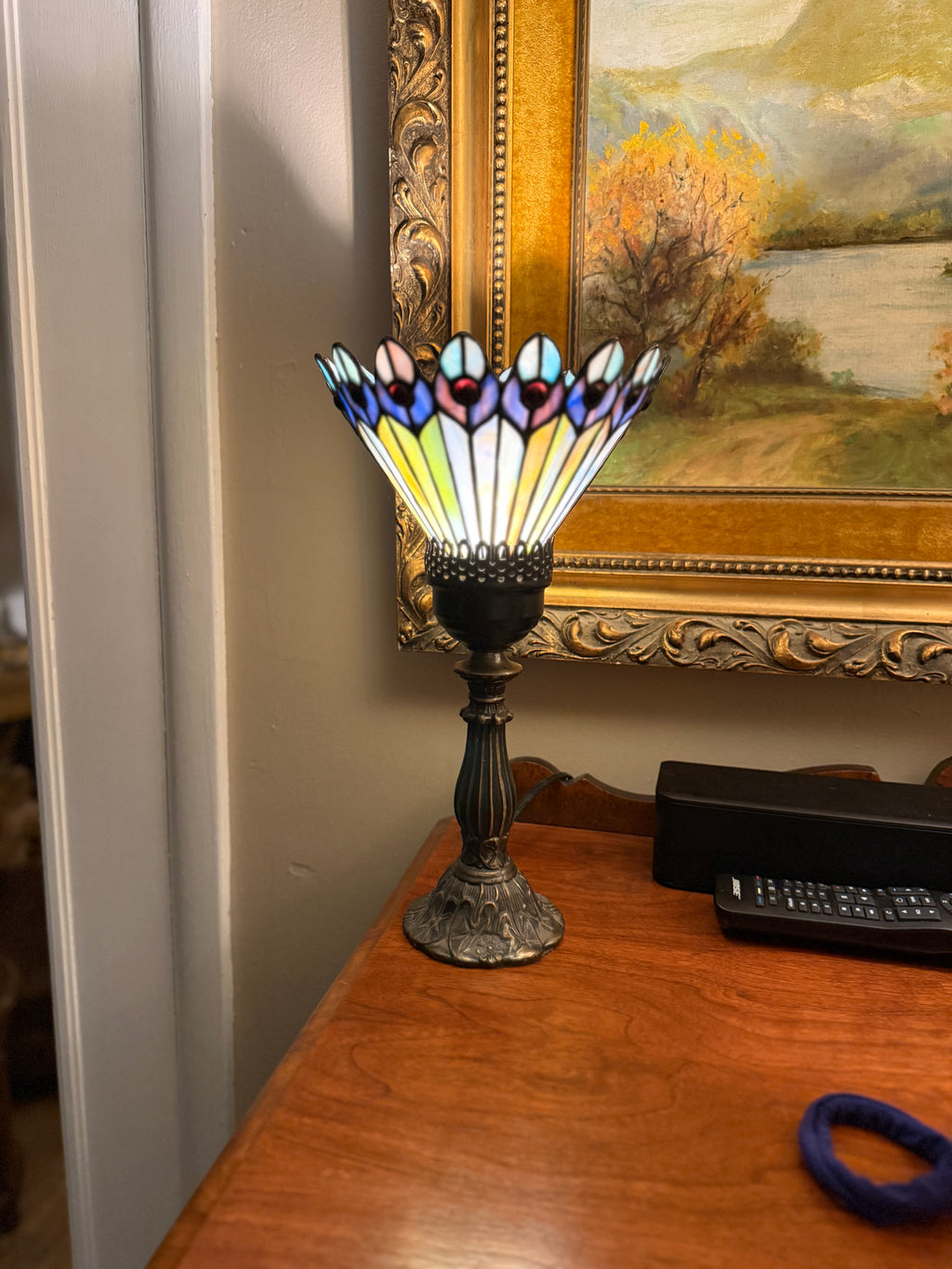 Meyda Tiffany Peacock Stained Glass Lamp Shade with Antique Metal Base