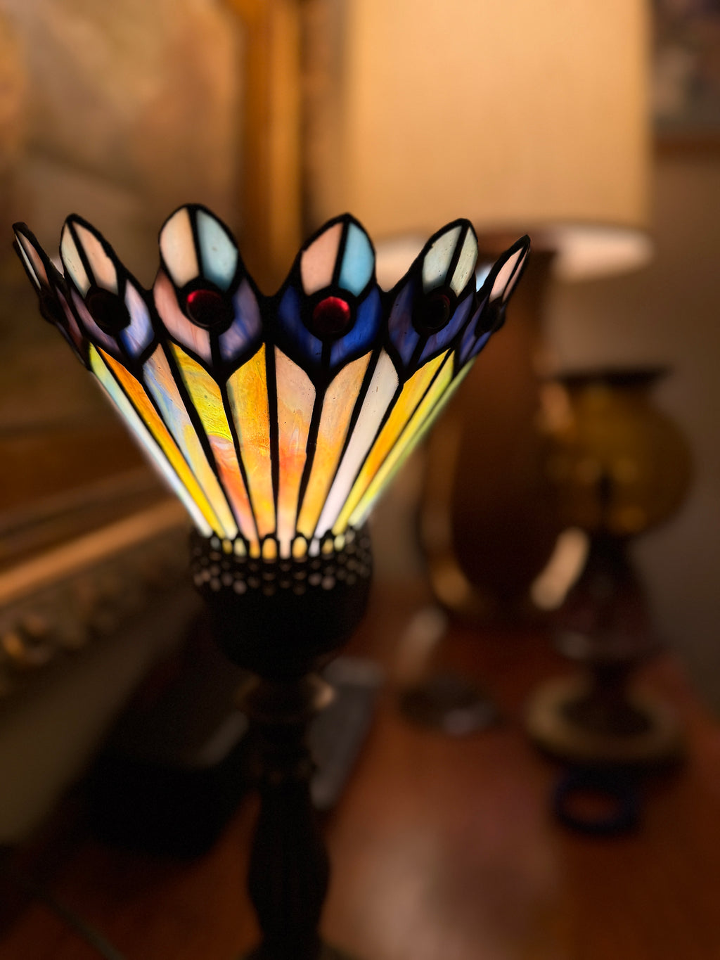 Meyda Tiffany Peacock Stained Glass Lamp Shade with Antique Metal Base