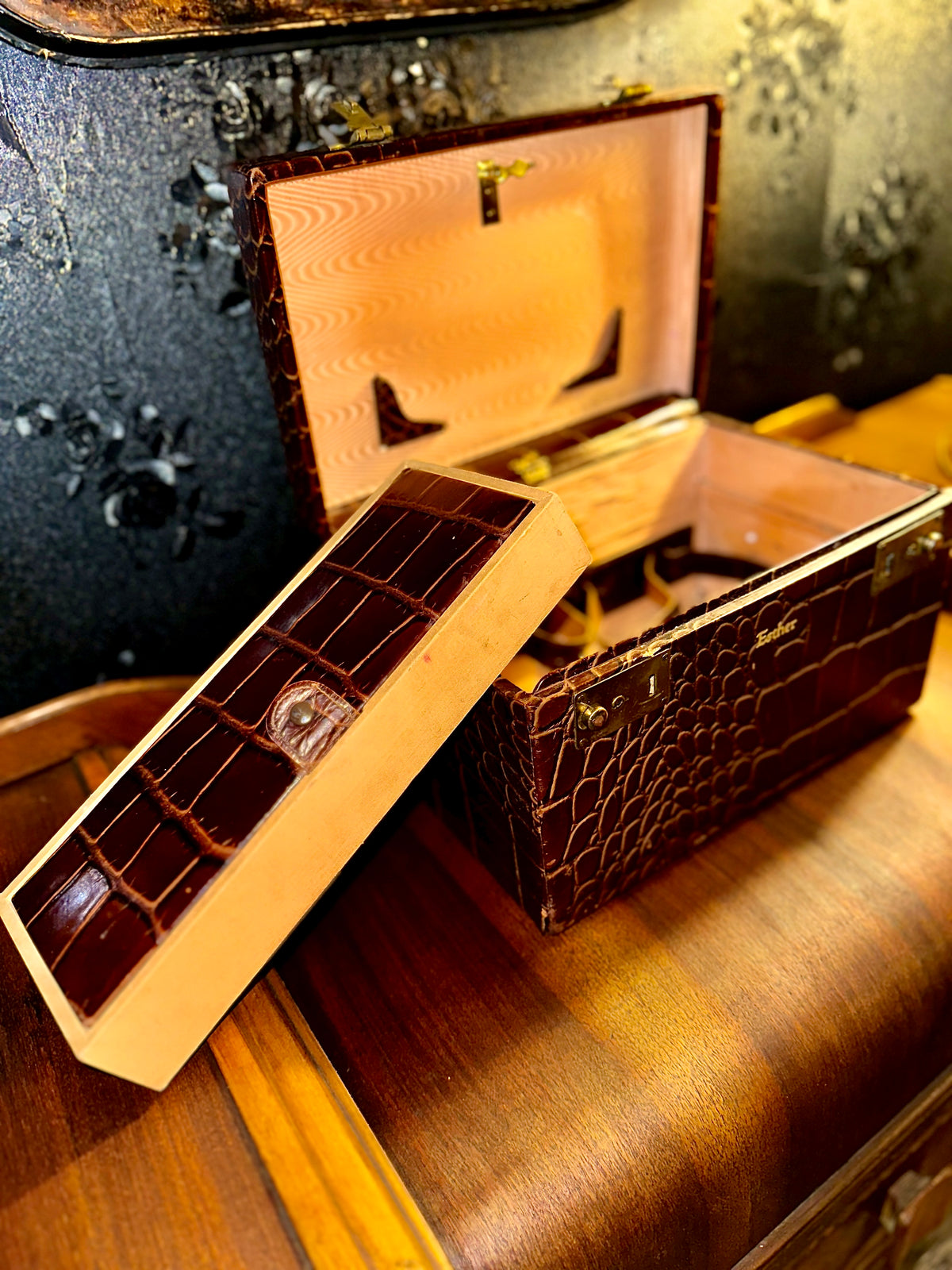 Mid-Century Crocodile-Pattern Vanity Chest  & Jewelry Box — Personalized “Esther” c 1930-1940s