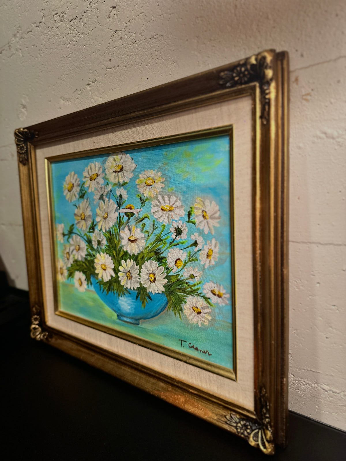 Mid-Century Daisy Still Life Painting by T. Carmen | Framed Vintage Floral Art