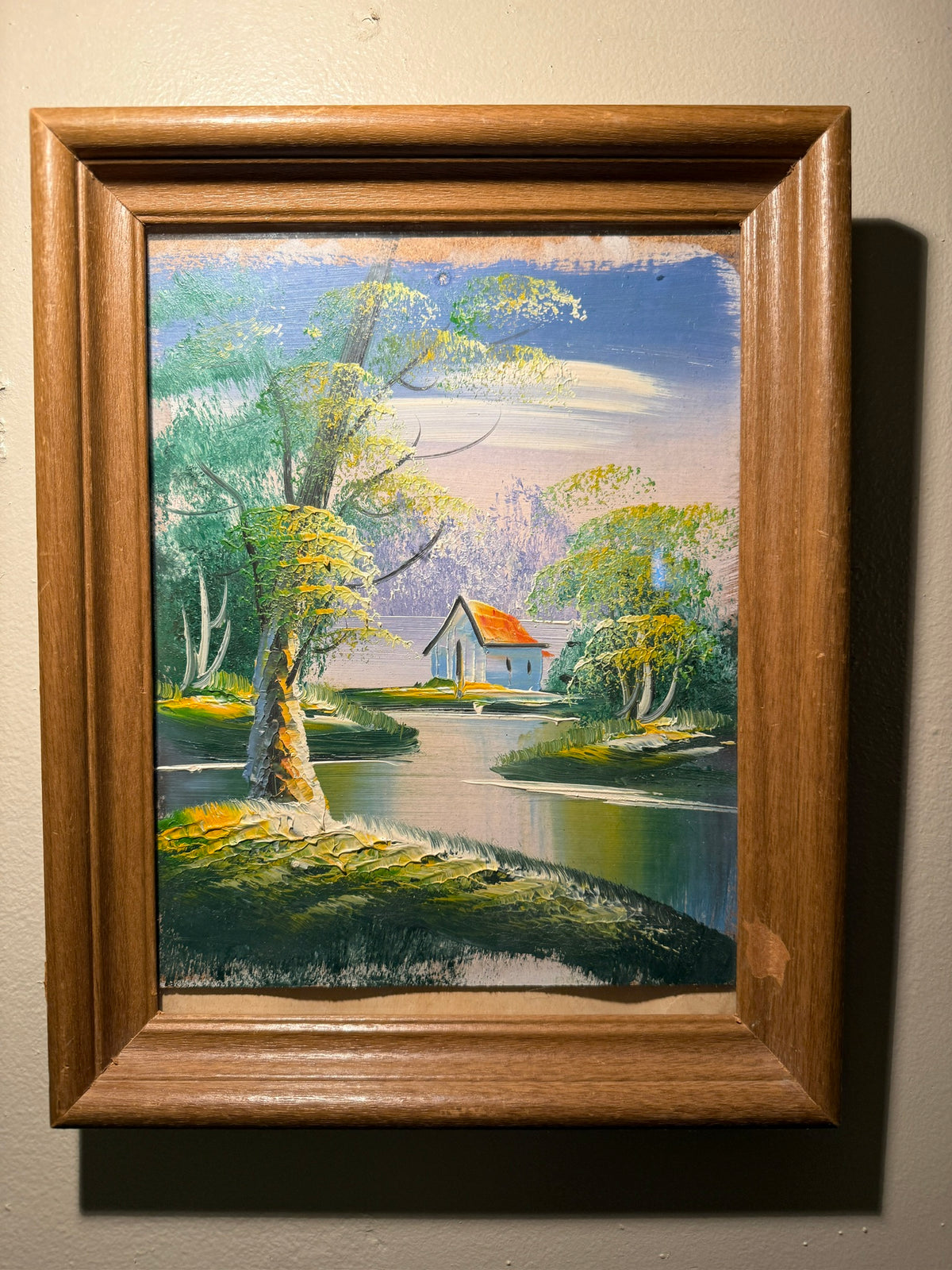 Mid-Century Impasto Landscape Oil Painting Cottage Scene c.1960