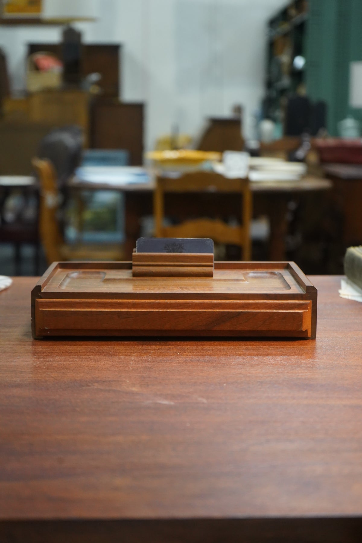 Mid-Century Wooden Desk Valet with Velvet Drawer &amp; Card Holder, c. 1960s–70s