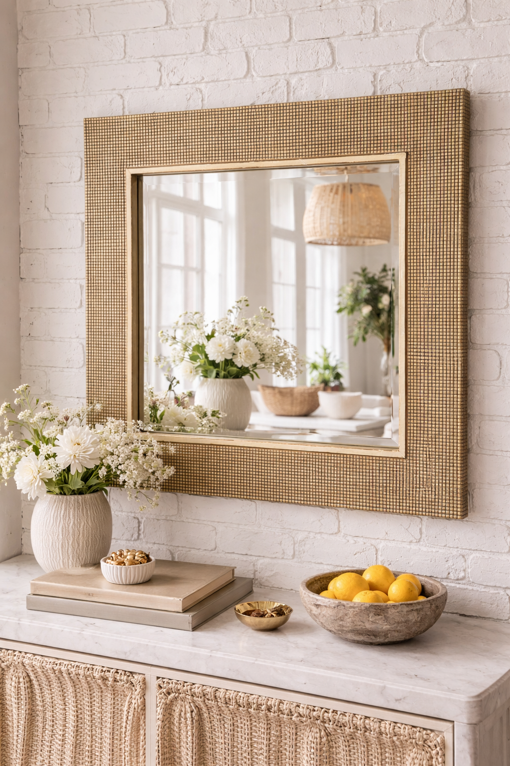 c.1960s Textured Gold Frame Wall Mirror – Mid-Century Modern Rectangular Mirror