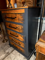 Modern Rustic Black & Wood 5-Drawer Dresser | Solid Pine, Hand-Refinished Tall Chest