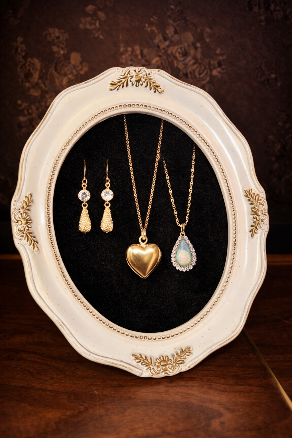 Ornate Oval Jewelry Display Frame with Black Velvet Backing