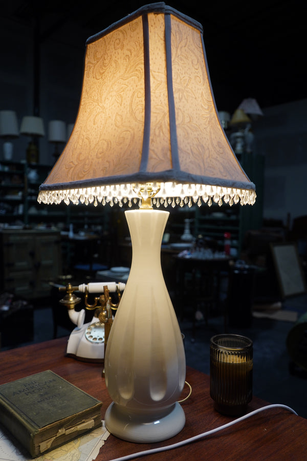 Pair of Cream Crackle-Finish Mid-Century Table Lamps with Beaded Damask Shades, c. 1950s–60