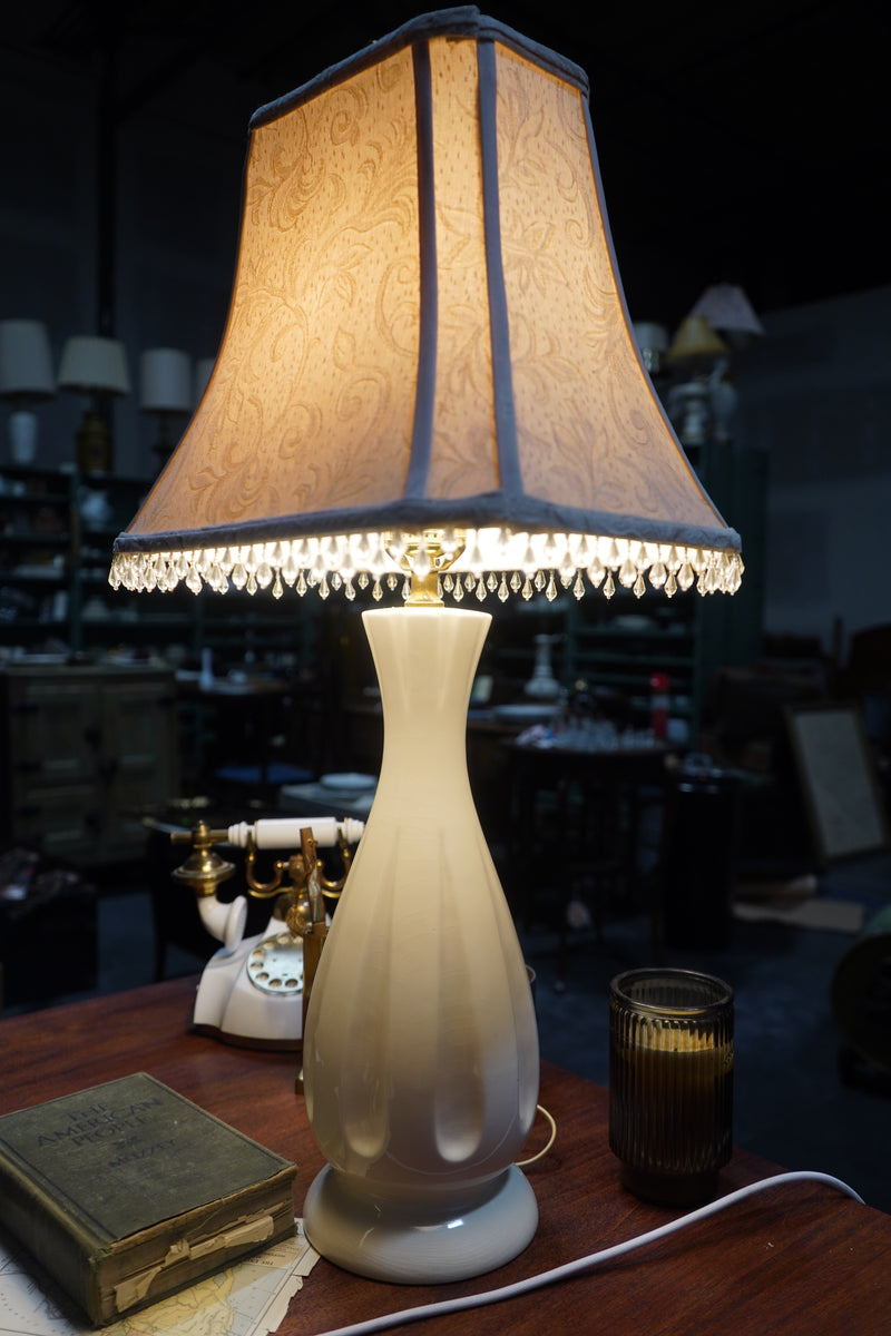 Pair of Cream Crackle-Finish Mid-Century Table Lamps with Beaded Damask Shades, c. 1950s–60