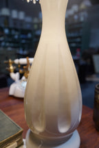 Pair of Cream Crackle-Finish Mid-Century Table Lamps with Beaded Damask Shades, c. 1950s–60
