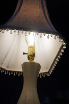 Pair of Cream Crackle-Finish Mid-Century Table Lamps with Beaded Damask Shades, c. 1950s–60