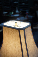 Pair of Cream Crackle-Finish Mid-Century Table Lamps with Beaded Damask Shades, c. 1950s–60