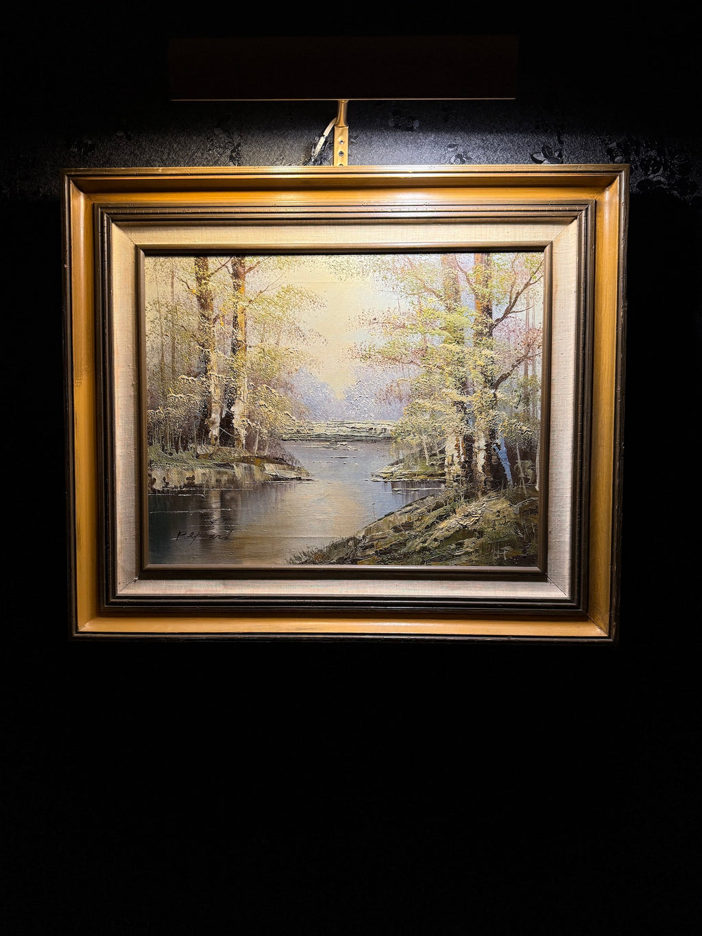 Birch-Lined River at Dusk — Oil on Canvas, signed Peppard