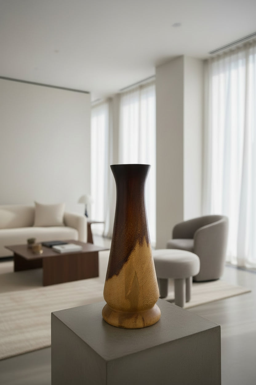 Wooden vase on a table with a blurred indoor background