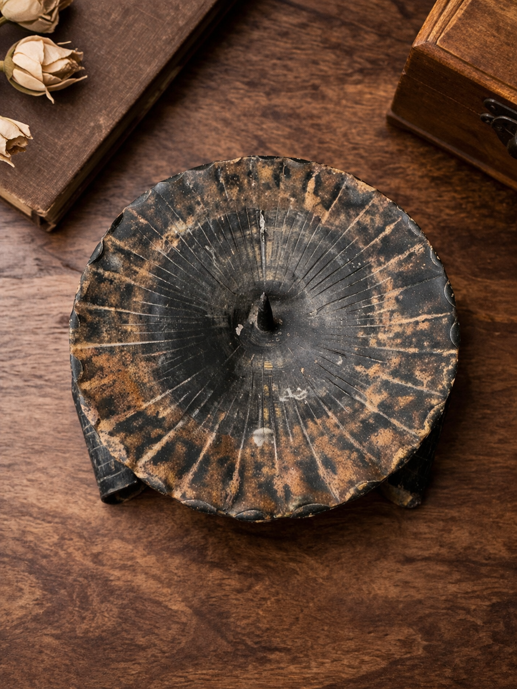 Primitive Black Metal Candle Spike Holder with Radiating Dish Top