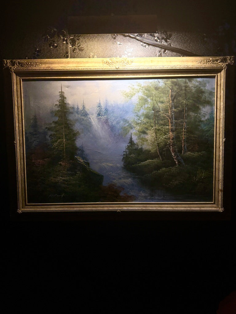 Robert A. Boit Forest Waterfall in Morning Light – Signed Oil on Canvas, Tonalist Landscape in Ornate Frame