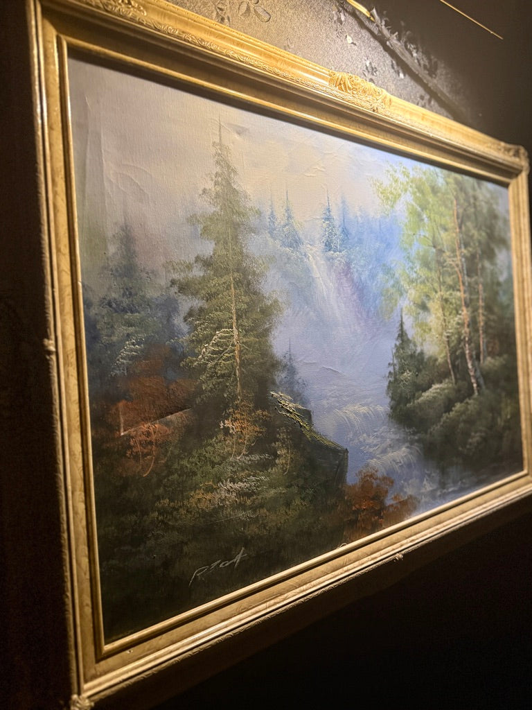 Robert A. Boit Forest Waterfall in Morning Light – Signed Oil on Canvas, Tonalist Landscape in Ornate Frame